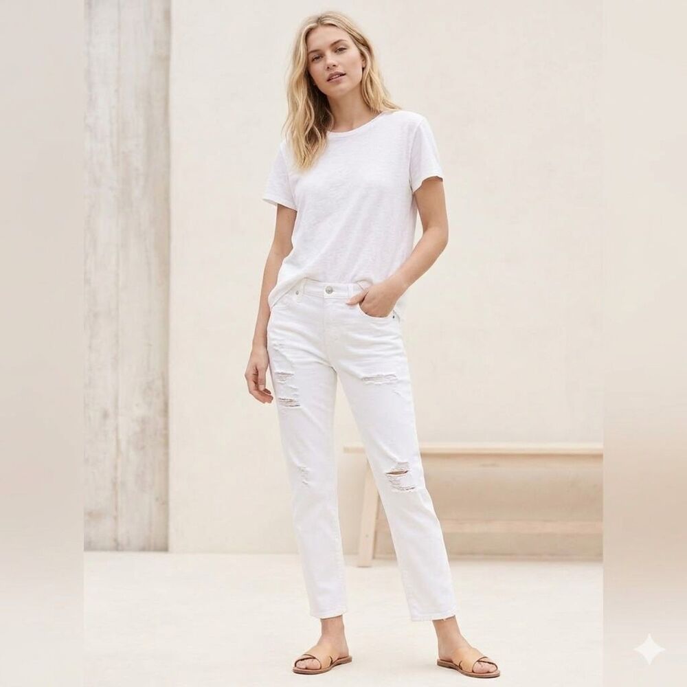 J Crew Vintage Crop Distressed Hir Rise 9.5" White Denim Jeans Coastal SZ 27